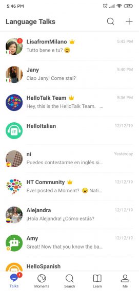 The messenger inbox in HelloTalk.