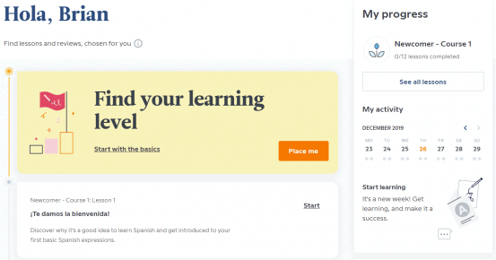 Welcome screen for new Babbel user