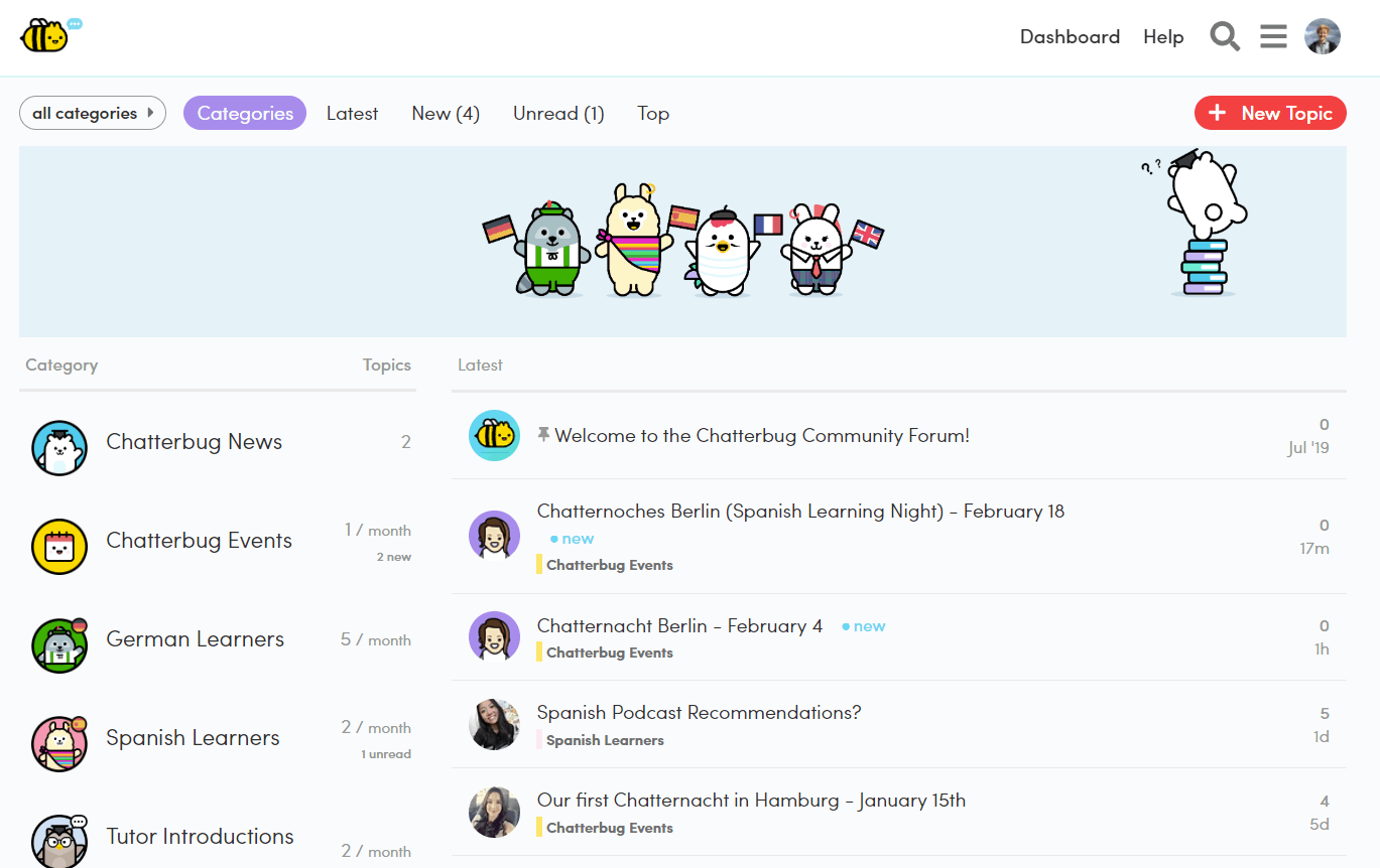 The main page of the Community section on the Chatterbug website.