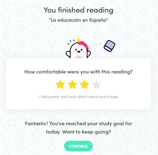 The screen after completing a reading where you rate the difficulty of the reading. This example shows a rating of three out of four stars.