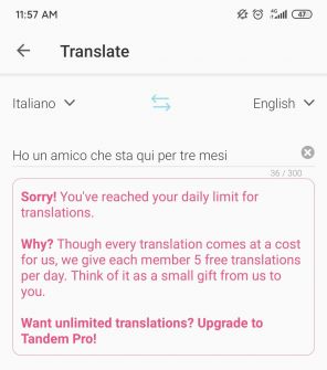 This message pops up for users with a free membership that reach the five-translation daily limit.