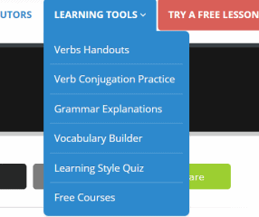 This is the drop-down menu of Learning Tools available on Live Lingua for practicing Spanish.