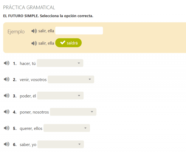 This is a screenshot of a grammar practice activity in which the user selects the correct conjugations of verbs.