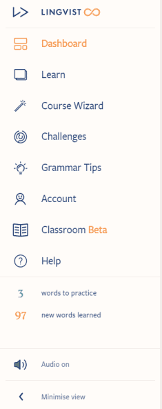 This is the menu in Lingvist that helps users navigate to different pages.