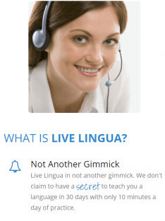 A stock photo from the Live Lingua website, showing a smiling girl wearing a headset.