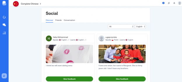 Image of the Social page on Busuu, showing posts by other users.