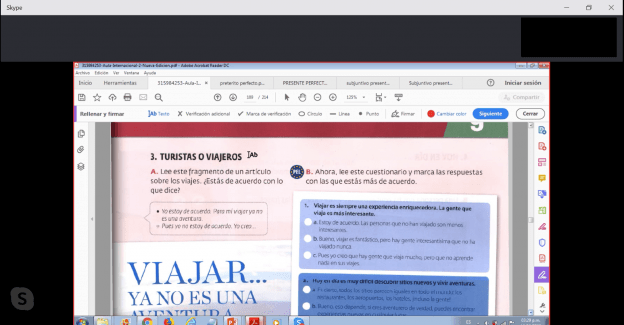 This is a screenshot of a Skype lesson, showing the PDF of a Spanish language book.