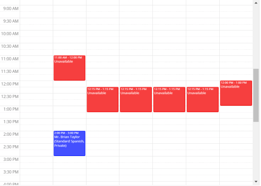An example of a Live Lingua teacher's schedule that shows available and unavailable times.