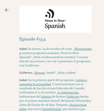 The screenshot from this listening challenge shows the dialogue from a News in Slow Spanish episode.