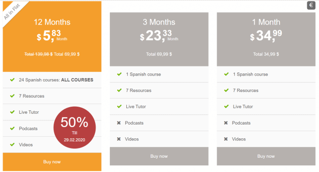 This table shows the different options and prices for a subscription to Lengalia.