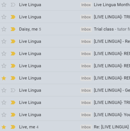 Screenshot of an email inbox showing 10 email conversations with Live Lingua.
