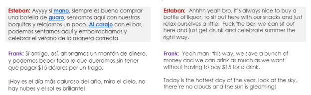 The transcript displays the Spanish version of the dialogue on the left-hand side and the English on the right.