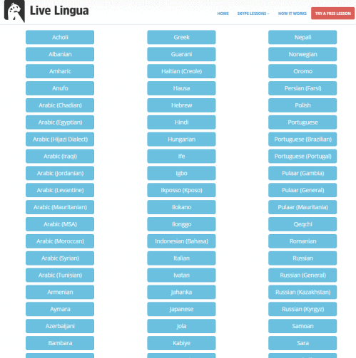 A list of the languages with free study materials available through the Live Lingua Project.