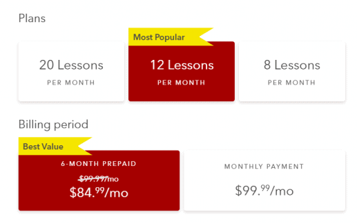 This image shows the price for a six-month subscription to Rype with 12 lessons a month. It costs $84.99/month.