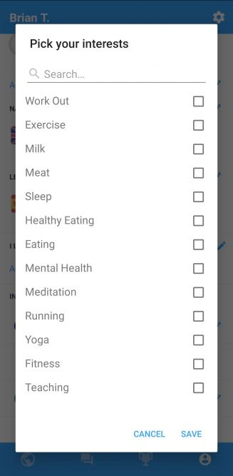 This part of the sign-up process allows you to select some of your interests. The list includes things like meditation, running, mental health, music, and more.