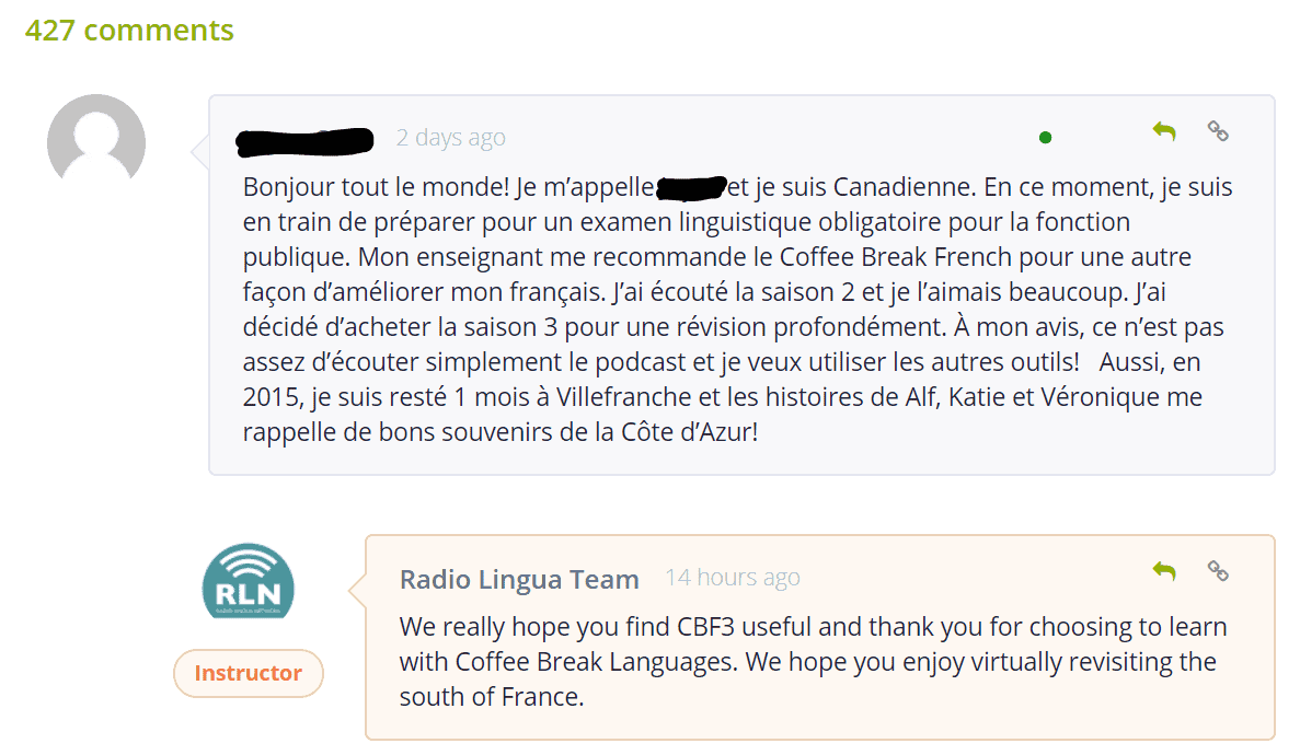 This is an example of the Radio Lingua Team responding to an introduction posted by a user of Coffee Break French Season 3.