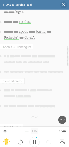A screenshot of the Lupa app with the Spanish transcript mostly obscured; only important words are shown