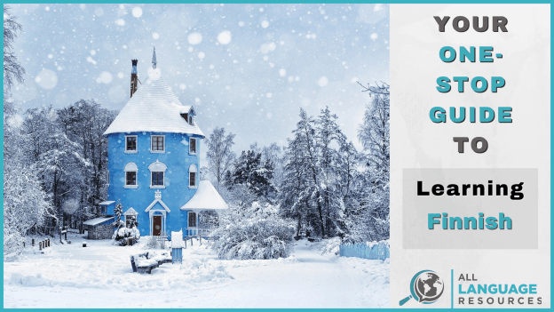 This banner features the blue Moomin House, part of a Finnish amusement park, in a fairytale setting of snow.