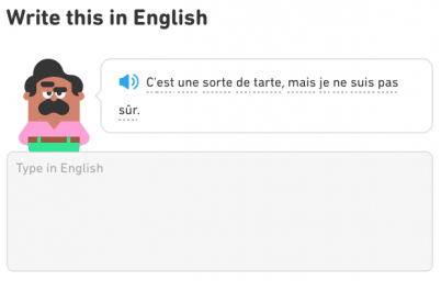 Man with a speech bubble asking a question in French. Textbox below to type translate the sentence into English.
