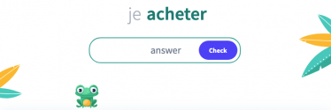 Text reads, "je acheter", with "acheter" in green. A textbox below lets you type in your answer. 