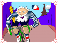 Cartoon Victor Hugo biking with a baguette under his arm