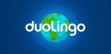 Cartoon planet earth with the word "Duolingo" in front of it