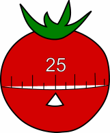 A cartoon image of a tomato-shaped timer set to 25 minutes.
