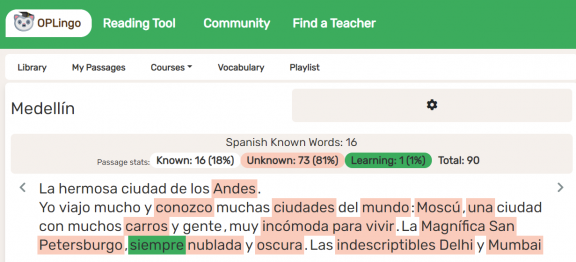This screenshot shows the OPLingo reading tool. Words are highlighted in different colors based on whether they're "known," "unknown," or "learning."